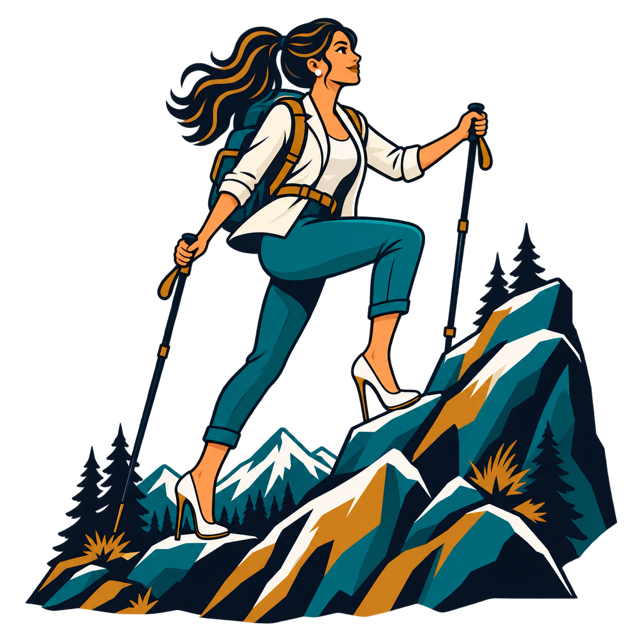 A woman climbing a mountain in impractical high heels