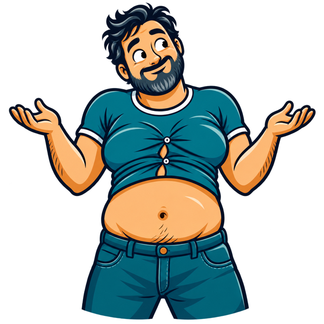 A man in a one-size shirt stretched too tight and too short